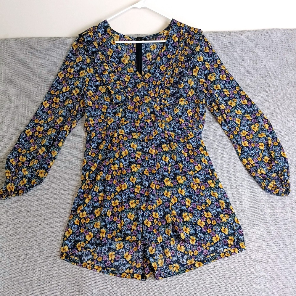 SHEIN Romper Womens 2XL Multicolor Excellent Floral Ruffle V-Neck Long Sleeve